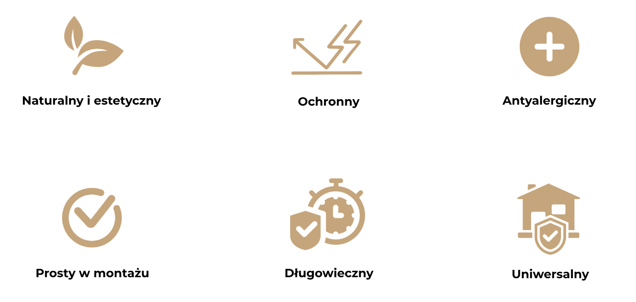 Obraz przedstawia sześć ikon opisujących zalety korka w rolce.